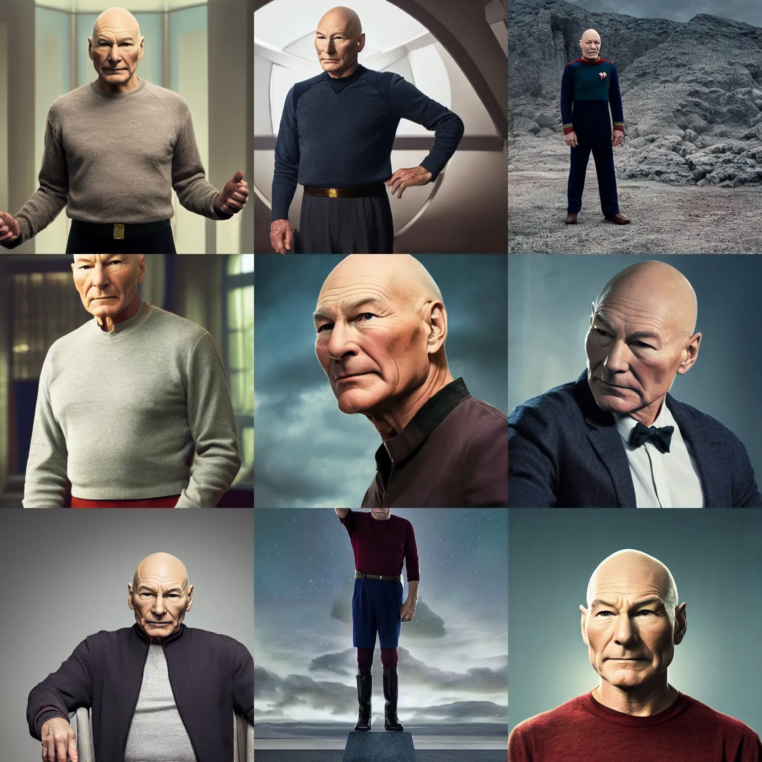 Prompt: promotional photo of patrick stewart as captain picard, standing, full body, 4 k / 8 k, award - winning, high quality, detailed, intricate