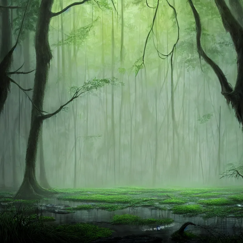 Image similar to a wet swamp with many big trees, dark colors, glowing plants, misty background, light rays, beautiful lighting, vivid colors, intricate, elegant, smooth, sharp focus, highly detailed digital painting, concept art, cinematic, unreal engine, 4 k wallpaper, trending on cgsociety, trending on artstation