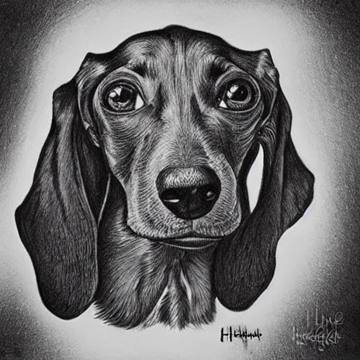 Prompt: “ a drawing of a dachshund in the style of hr giger, surreal, eerie ”