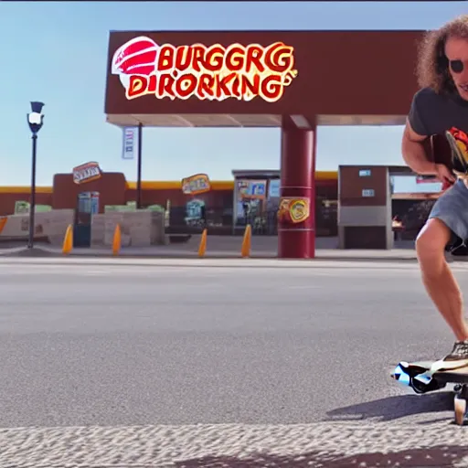 Image similar to kenny g skateboarding in a burger king parking lot, epic, cinematic, realism, ultra detailed, 8 k