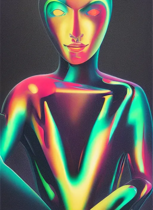 Image similar to futuristic lasers tracing, colorsmoke, fullbodysuit, pyramid hoodvisor, face cover, raindrops, wet, oiled, beautiful cyborg girl, by steven meisel, kaws, rolf armstrong, mondrian, hannah af klint perfect geometry abstract acrylic, octane hyperrealism photorealistic airbrush collage painting, monochrome, fluorescent colors, minimalist rule of thirds, eighties eros