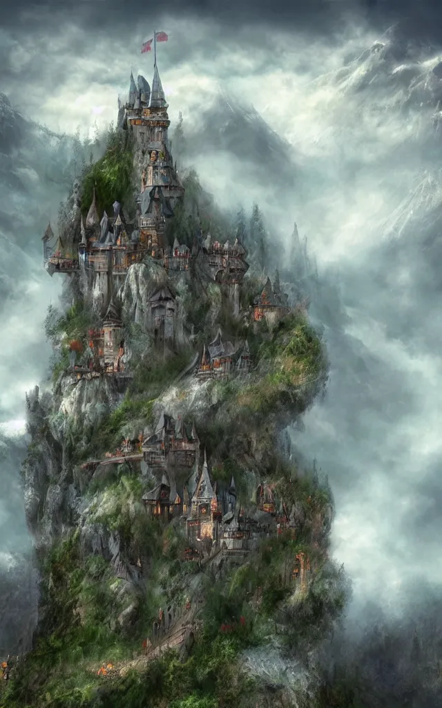 Prompt: fantasy castle on top of a mountain, above the clouds, foggy, magical, digital art, artstation