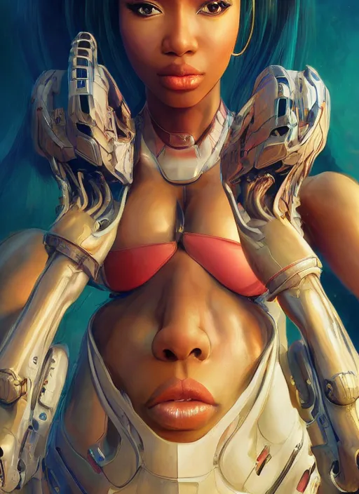 Image similar to nicki minaj, evangelion, au naturel, hyper detailed, digital art, trending in artstation, cinematic lighting, studio quality, smooth render, unreal engine 5 rendered, octane rendered, art style by klimt and nixeu and ian sprigger and wlop and krenz cushart