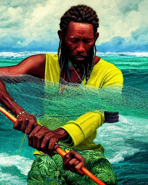 Prompt: Fisherman, Jamaican Male Fisherman, casting fishing rod into the sea, Illustration, Third-Person View, Depth of Field, Colorful with Yellow Green Black Red, calico cloth, insanely detailed and intricate, hypermaximalist, jamaican vibe, hyper realistic, super detailed, by Charlie Bowater, by Karol Bak