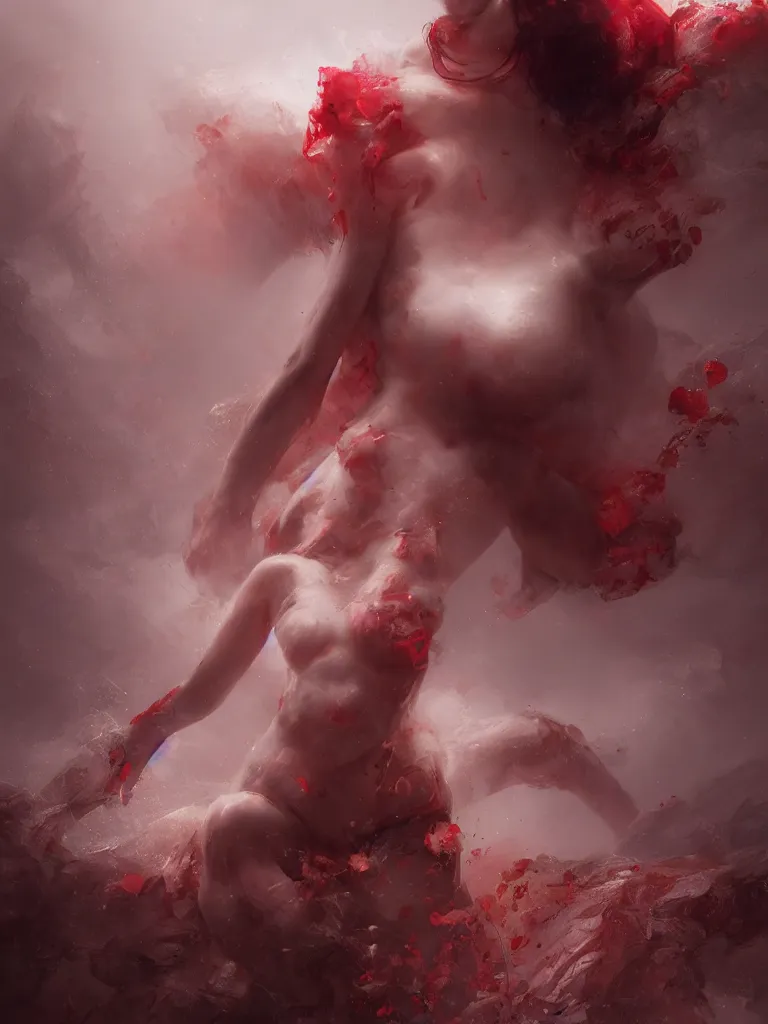 Image similar to expressive full body photo beautiful nymph floating above the permafrost in a cloud of red ether, 3 d render, hyper realistic detailed portrait, ruan jia, wlop. scifi, fantasy, hyper detailed, decolletage, confident pose, octane render, concept art, peter mohrbacher