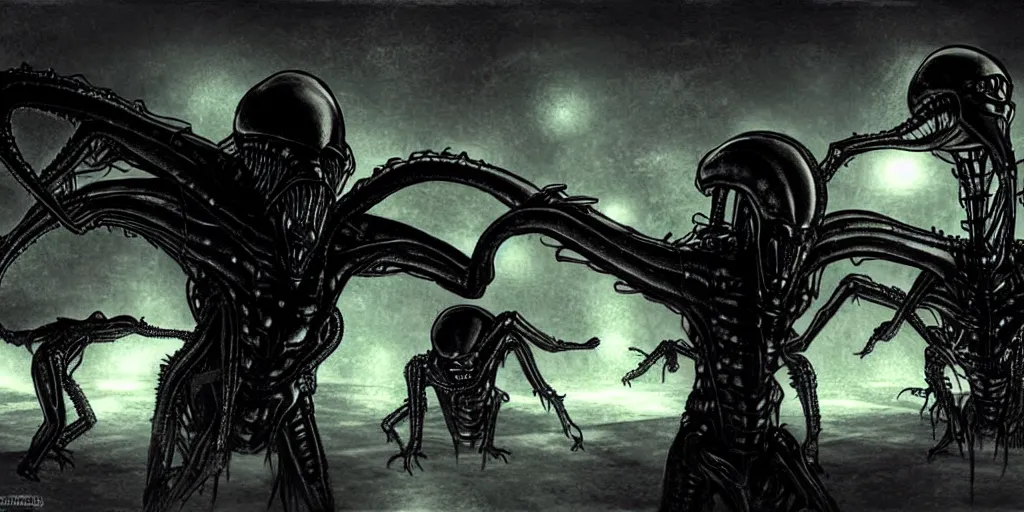 Image similar to aliens in black handing over artifacts to a politician, night scene, inspired by yoshitaka amano, concept art