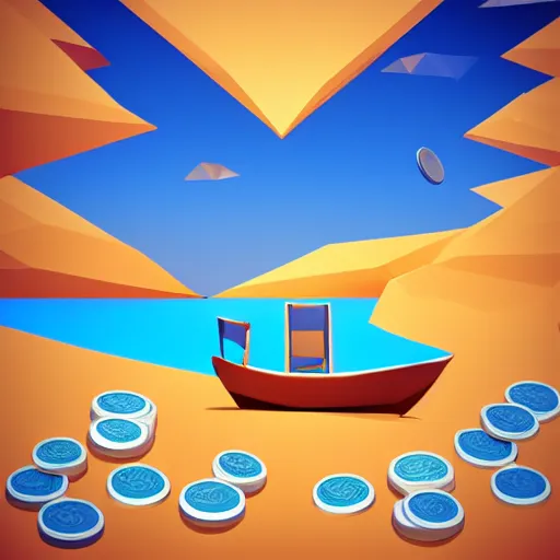 Prompt: boat in the dessert filled with coins, game concept, low poly