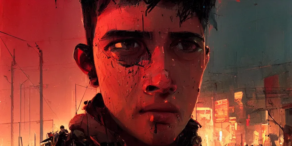 Prompt: extreme closeup on the eyes of a neon guard boy with short dark hair in front of a dystopian crowd with piles of garbage by Ismail inceoglu dragan bibin hans thoma, Perfect face, fine details, realistic shaded, fine-face, pretty face