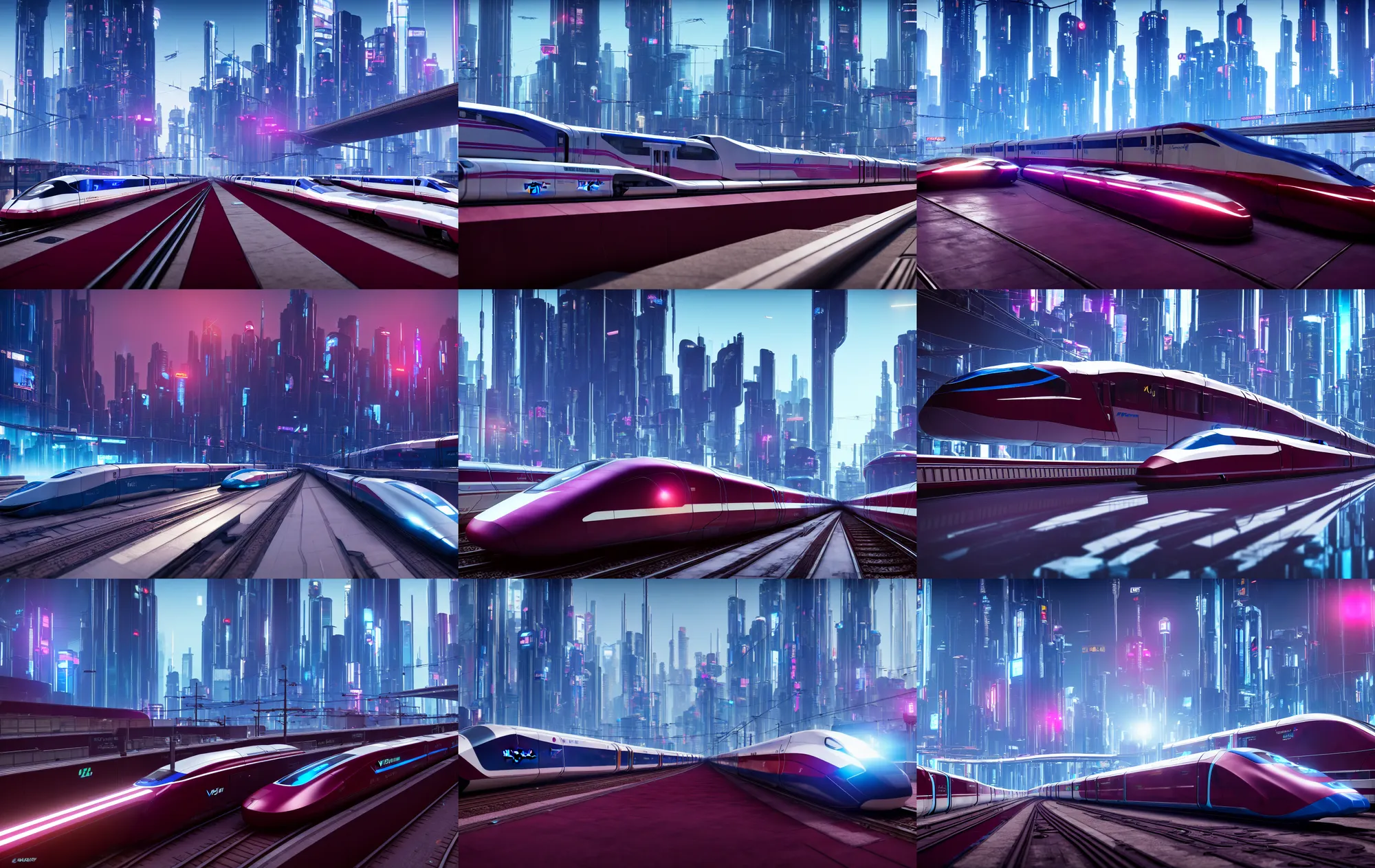 Prompt: modern concept art for a maglev train speeding though a city, soft lighting, 3d render, 8k, maroon and blue accents, metallic reflections, star citizen origin 100i, central focus, close up, cyberpunk 2077, skyline in background.