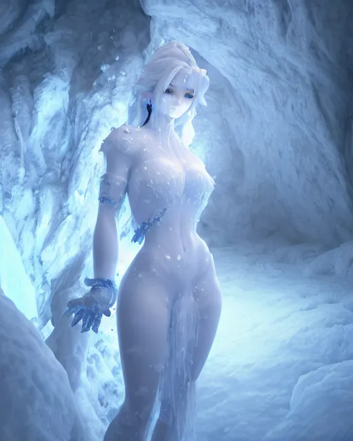 Image similar to character design, 3 d, full body, ice goddess with a glowing blue crystal on her chest, frosty white eyes, winter mist around her, white plated armor, pale skin, white smoke, in a snow covered cavern, a snowy mist in the cave, snowfall photorealism, octane render, frostbite, 8 k, cinematic, 3 5 mm, aspect ratio