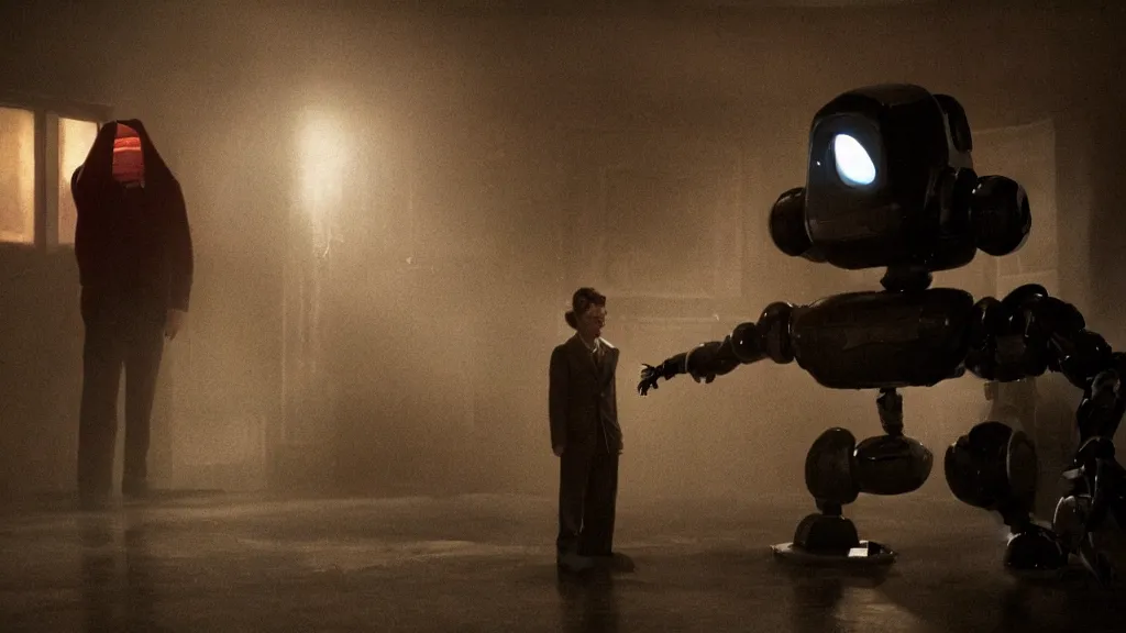 Prompt: movie still of a man and a robot in a moment of horror, movie still, cinematic composition, cinematic light, by edgar wright and david lynch