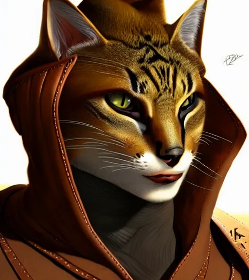 Prompt: tabaxi wearing leather by dariusz zawadzki, kenneth blom, desert, artstation, contemporary art, hyper detailed