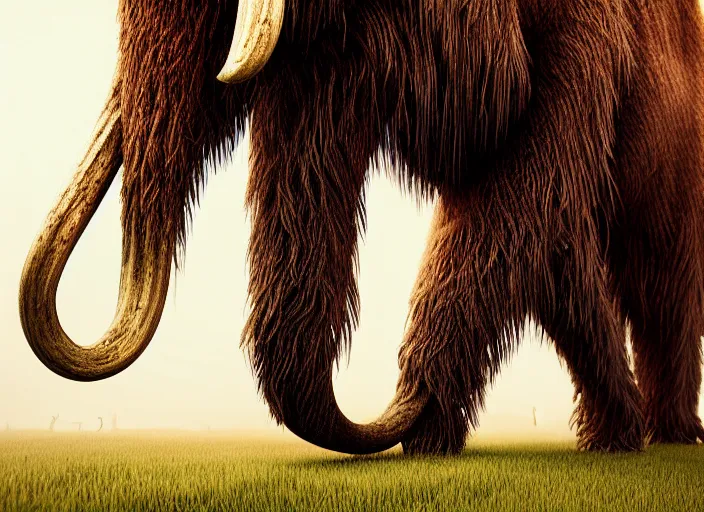 Image similar to hyperrealism, detailed textures, photorealistic, 3 d render, a surreal mystical wooly mammoth grazing, ultra realistic cinematic, intricate, cinematic light, concept art, illustration, art station, unreal engine