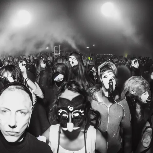 Image similar to scandy and arender playing a live gig with masks on, beautiful girls, colored lights, stroboscope, heavy fog machine, no faces visible, outdoor rave, techno, huge crowd on drugs, ecstatic crowd, photorealistic photography