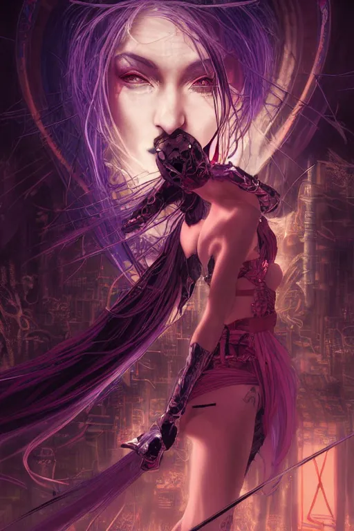 Prompt: beautiful magician and evil and stuunning and mythical female ninja portrait+shiny eyes+light flowing hair, in cyberpunk night ruin tokyo temple, ultradetail face, art and illustration by tian zi and craig mullins and WLOP and alphonse mucha, rim lght, fantasy, intricate complexity, human structure, fantasy world concept, watermark, blurry, hyperrealism 8k