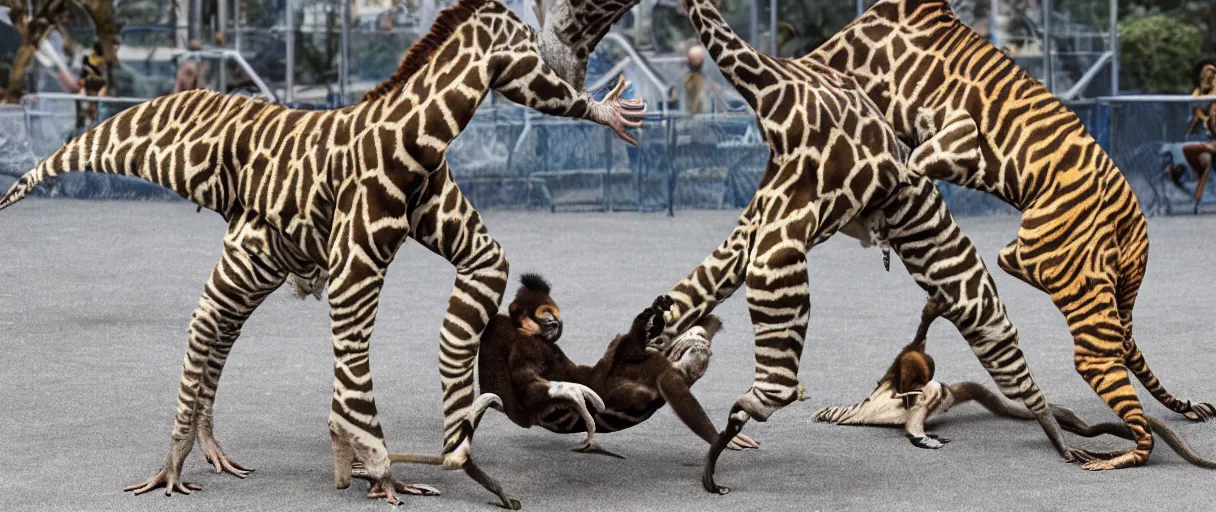 Image similar to a giraffe-monkey-penguin-lizard-hedgehog-spider-tiger-orca attacking a person in a public playground