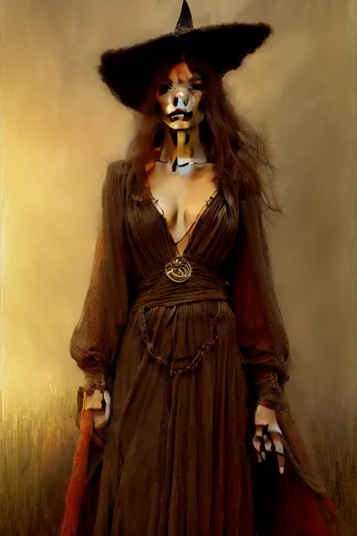 Image similar to a half body portrait of witch wearing witch dress and hat, high detail, cleary see face, by gaston bussiere, bayard wu, greg rutkowski, odd nerdrum, maxim verehin, dan dos santos, masterpiece, sharp focus, cinematic lightning