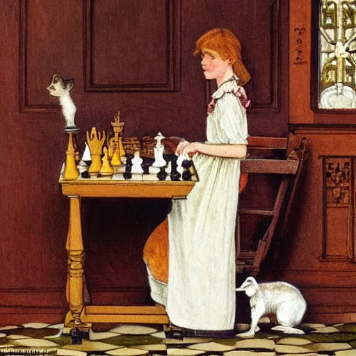 Image similar to a young edwardian woman playing chess against a rabbit inside a church in the style of Carl Larsson