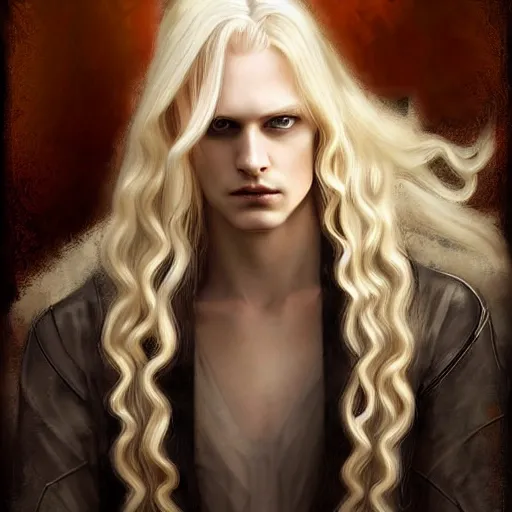 Image similar to digital art of a pale menacing male Cyborg Angel of Battle with long blond curls of hair and piercing eyes, johan liebert mixed with Dante, central composition, he commands the fiery power of resonance and wrath, very very long blond curly hair with bangs!!!, baroque curls, by James Gurney and Seb mckinnon and WLOP, Artstation, CGsociety