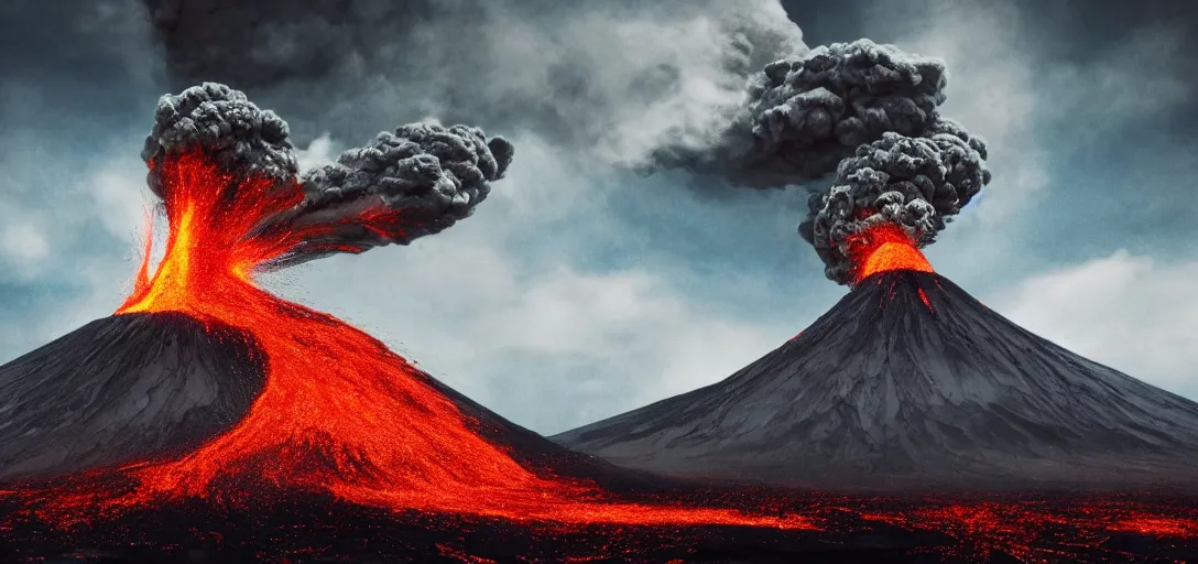 Image similar to Erupting Volcano with Monsters flying around it, gothic art, color, eerie, horror, scary, ominous, 8k, highly detailed