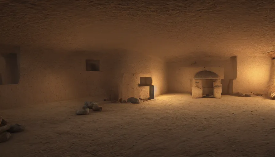 Prompt: interior of an ancient african tomb with dust particles, dusty ground, sands, bones everywhere, totem, hyperdetailed, artstation, cgsociety, 8 k