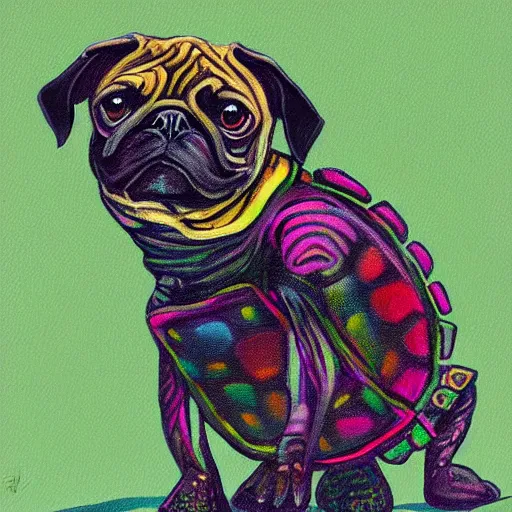 Image similar to a painting of a turtle riding a black pug, colourful, digital art