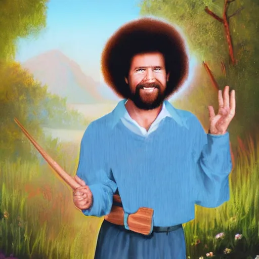 Image similar to Bob Ross as a cult leader, portrait painting
