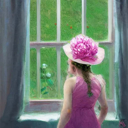 Image similar to a girl in a hat with peonies looks out the window at a blooming garden, rear view, art by vrubel, highly detailed, digital painting, artstation, matte, sharp focus