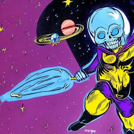 Image similar to skeletor riding a giant black cat in outer space