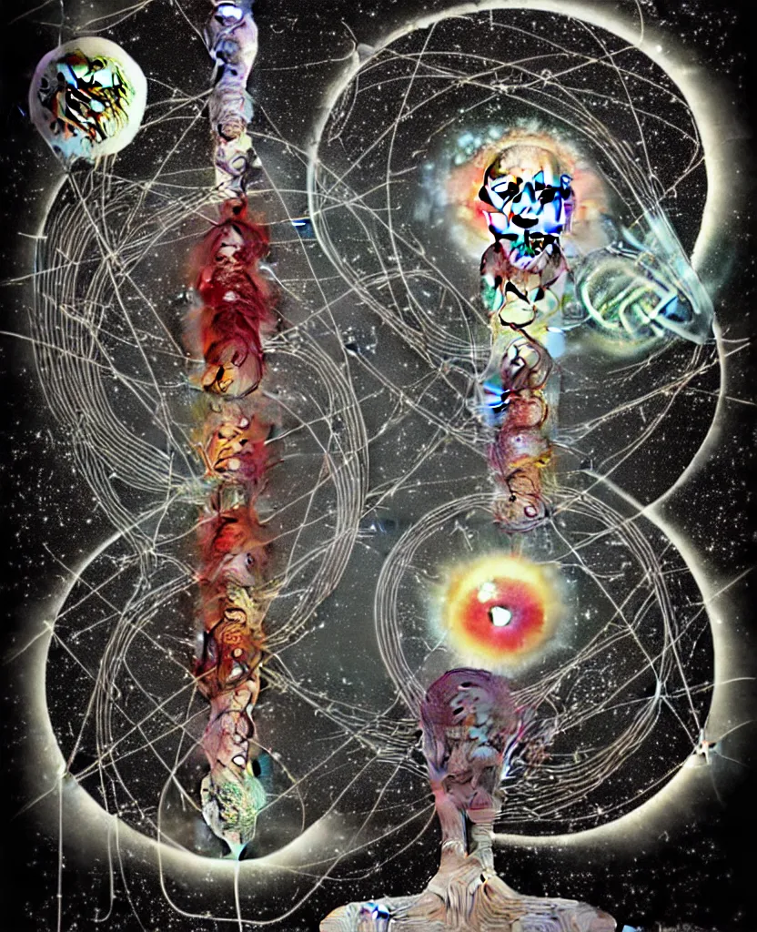 Image similar to inside the universe of a human body soul, whimsical uncanny creature alchemizes unique canto about'as above so below'being ignited by the spirit of haeckel and robert fludd, breakthrough is iminent, glory be to the magic within, to honor jupiter, surreal collage by ronny khalil