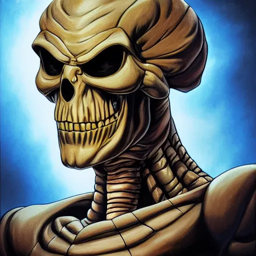 Image similar to ultra realistic portrait painting of skeletor, art by akira toriyama, 4 k, dragon ball artstyle, cel shaded, highly detailed, epic lighting