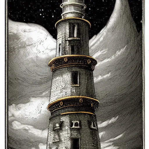 Prompt: bleak lighthouse, black paper, white ink, I, Renaissance style golden border, As above so below, tarot card, intricate design, 3d relief, insanely detailed, illustrated by Charlie Bowater and Donato Giancola, Major arcana