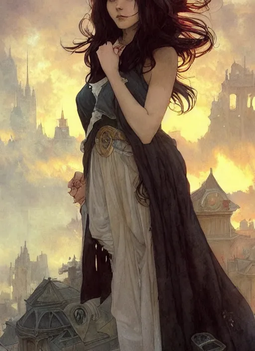 Image similar to a teenage girl with very short dark hair and a tattered grey cloak. she stands on top of a building in a gothic fantasy city. the sky has a red glow and ash is falling. beautiful painting by artgerm and greg rutkowski and alphonse mucha