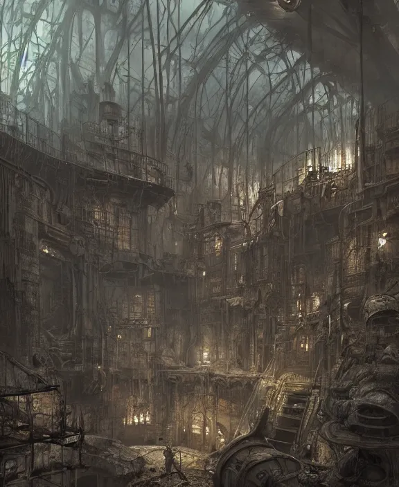 Image similar to the interior of a grim steampunk military headquarters, by HR Giger and Beksiński and Stephan Martiniere , 4k resolution, detailed, trending on artstation