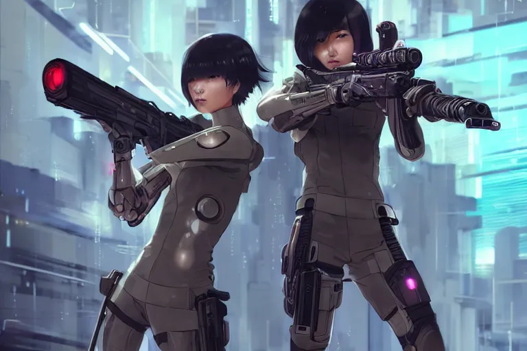 Prompt: young female japanese sniper holding a railgun sniper rifle, neon, cyberpunk, futuristic, full cybernetic combat suit, short bob haircut, stunning, highly detailed, digital painting, smooth, soft focus, illustration, ghost in the shell, 4 k digital art from artstation by artgerm and greg rutkowski and alphonse mucha