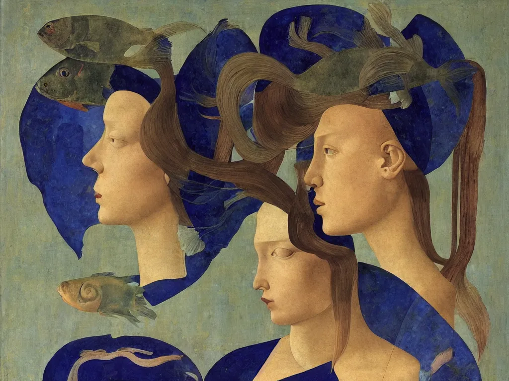 Image similar to portrait of a woman head with exotic fish. lapis lazuli. painting by piero della francesca, balthus, agnes pelton