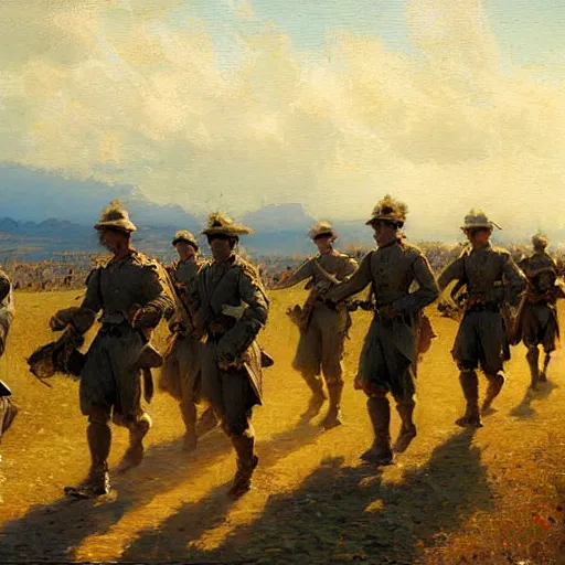 Image similar to detailed wide shot of soldiers marching in the field, spring light, painting by gaston bussiere, craig mullins, j. c. leyendecker