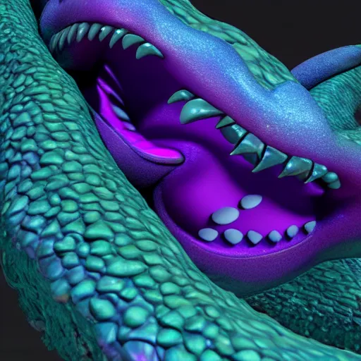 Image similar to 3 d fantasy sea serpent face close up iridescent purple blue green cycles render character concept 3 d render detailed