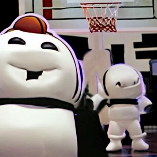 Prompt: stay puft marshmallow man playing basketball