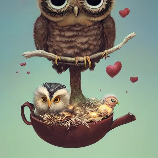 Image similar to long shot of a very cute owl chick nesting in a very romantique cup, by esao andrews, by james jean, marc simonetti, by victo ngai, humorous illustration, hyperrealistic, big depth of field, fresh colors, dim light, 3 d octane render conceptart, 4 k, hyperdetailed, trending on artstation