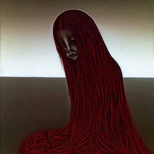 Image similar to tomie by junji ito in the style of zdzisław beksiński and h.r. giger, oil on canvas