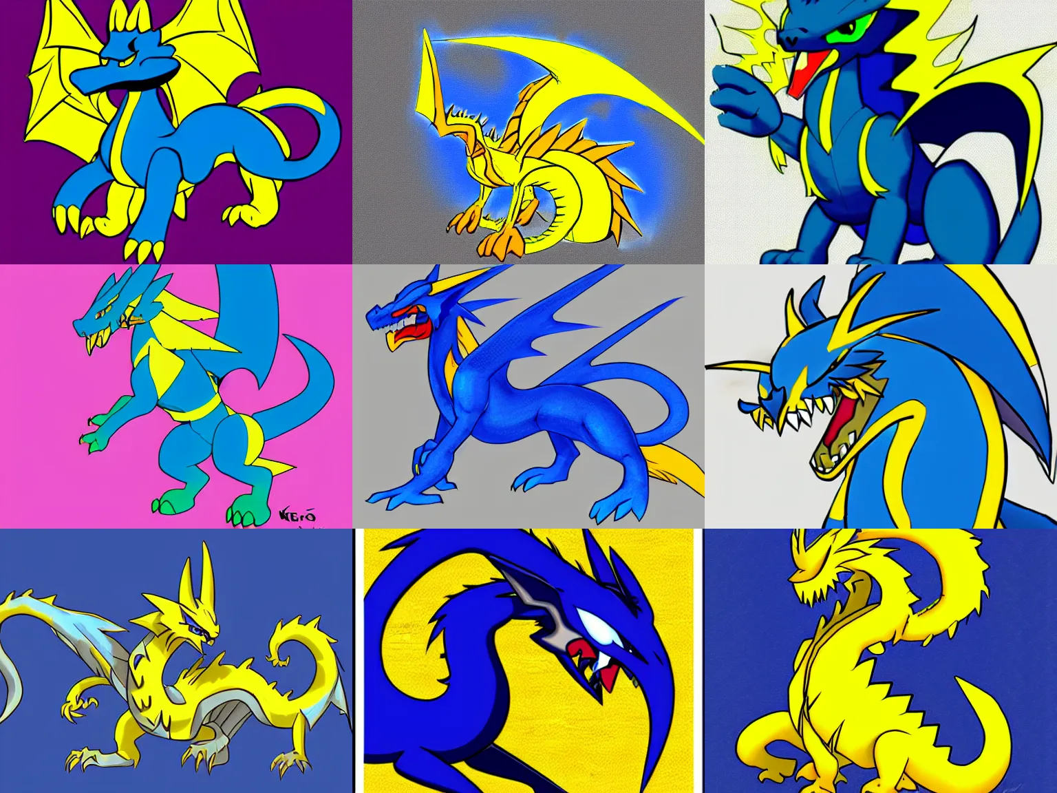 Prompt: a cartoon of a blue and yellow dragon, concept art by Ken Sugimori, featured on deviantart, furry art, furaffinity, deviantart hd, flat shading, commission for