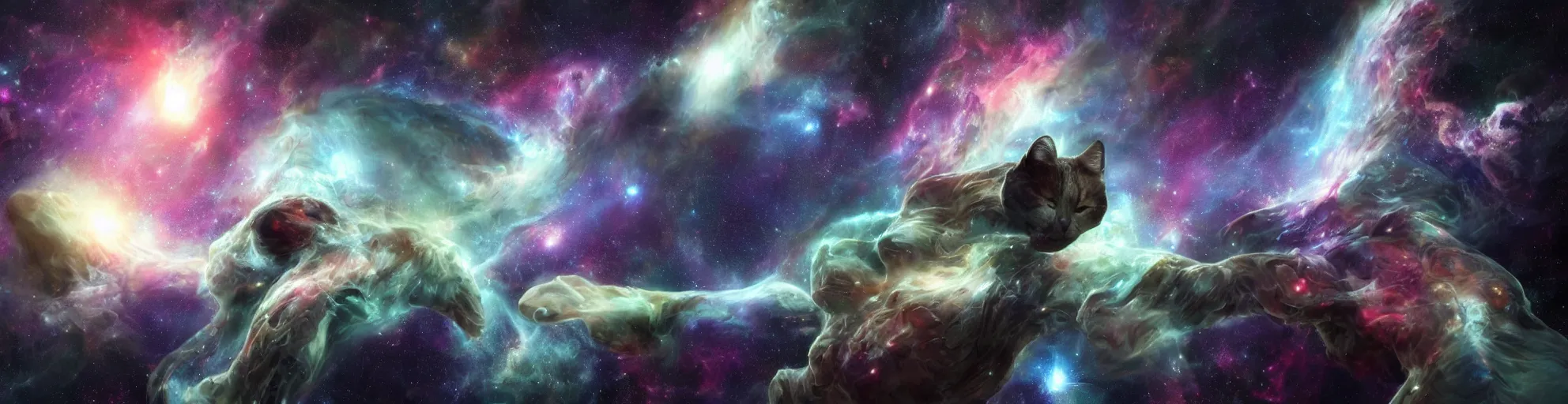 Prompt: energy cats in space, nebula in background, by lovecraft, details face, detailed body, realistic body proportions, unreal engine, by popular digital artist, digital, artstation, detailed body, heavenly atmosphere, digital art, overdetailed art, trending on artstation, cgstudio, the most beautiful image ever created, dramatic, award winning artwork, beautiful scenery