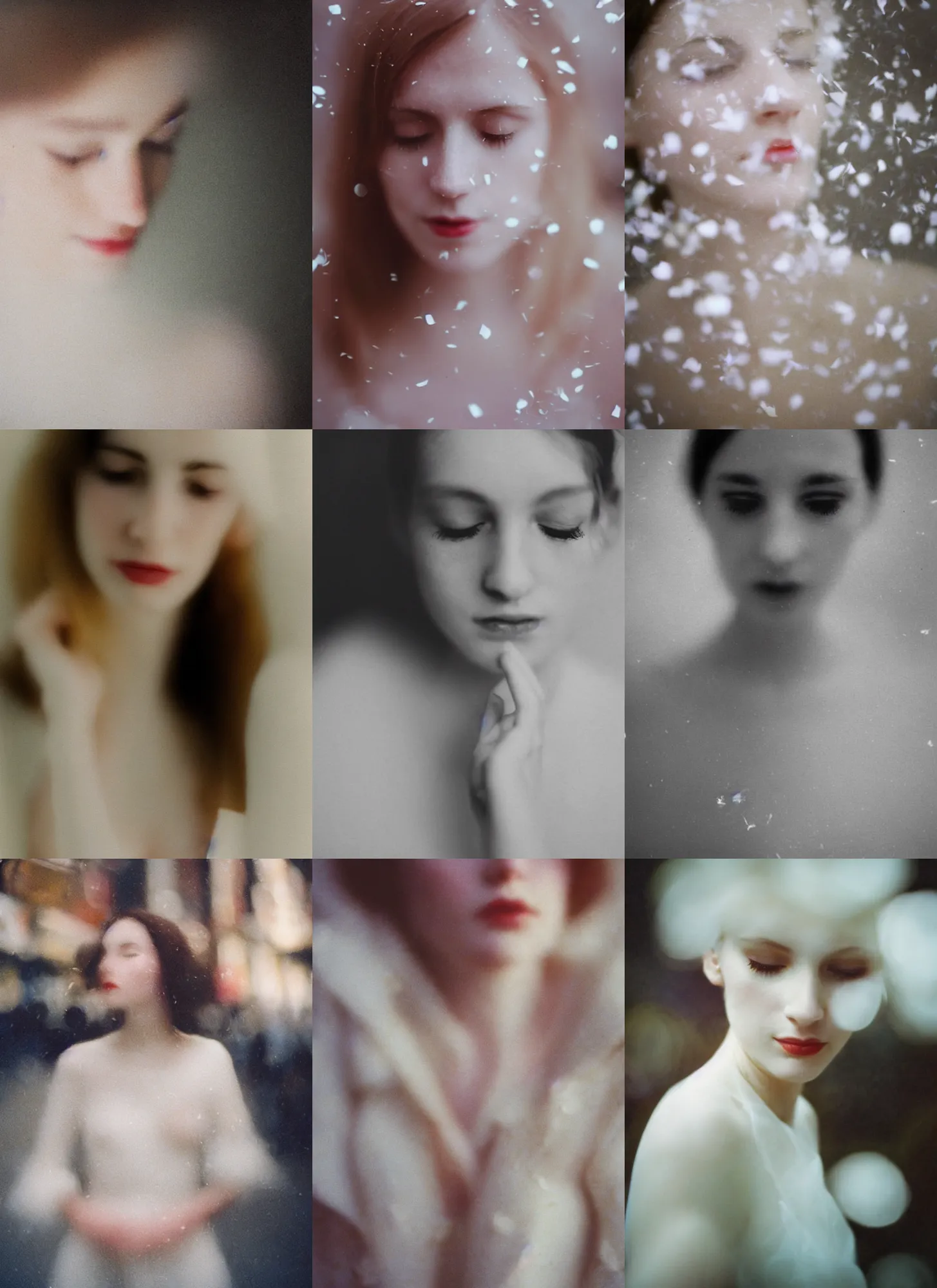 Prompt: out of focus white confetti, out of focus photorealistic portrait of a beautiful aesthetic pale woman by saul leiter, very blurry, translucent white skin, closed eyes, foggy