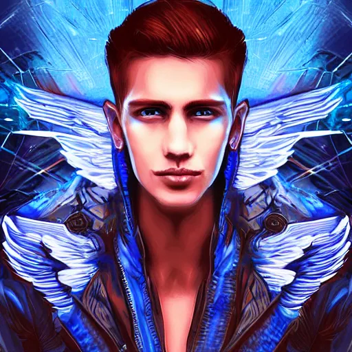 Image similar to young man with wings of pure blue energy soaring in a cyberpunk city, highly detailed, realistic, symmetrical face, art by digital painting,