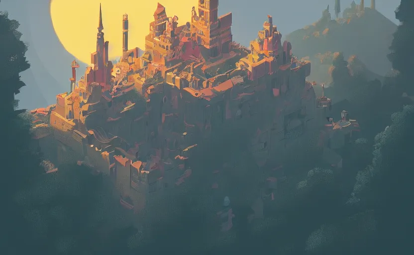 Image similar to old tiny magic castle on a hill, james gilleard, moebius, print, game art