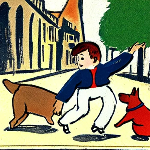 Image similar to book illustration of a french boy on the streets of paris playing football against a corgi, the dog is wearing a polka dot scarf, 1 9 6 6