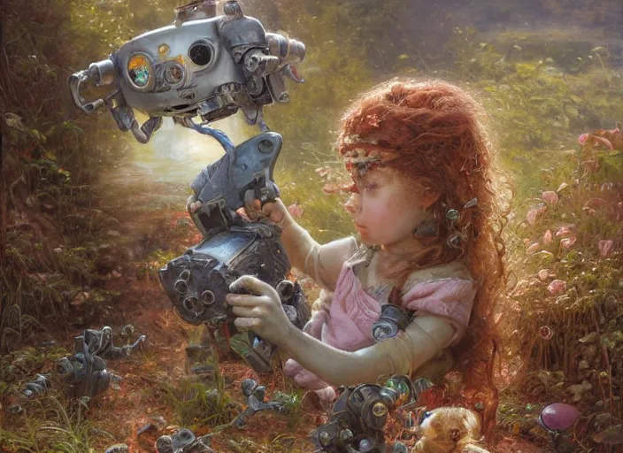 Image similar to a rusty broken down little robot, Lilia Alvarado, Sophie Anderson, Mark Arian, Bob Byerley, Charlie Bowater, Mark Brooks, Steve Henderson, Justin Gerard, Arthur Hughes, Edward Robert Hughes, Mark Keathley, Victor Nizovtsev, Carlos Shwabe, Ross Tran, WLOP