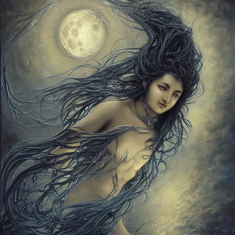 Image similar to beautiful biomechanical moon goddess, flowing hair, intense stare, sweet sarcastic smile, dark blue skin, concept art, realistic oil painting by gustave dore,