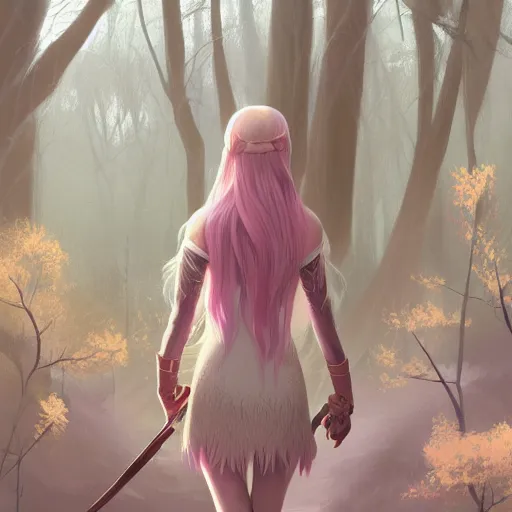 Image similar to elven huntress in mystic forest, pastel light pink very long hair, muted colors, matte print, pastel colors, 2d, ultra highly detailed, digital art, digital painting, fan art, elegant, artstation, head is centered, by Ilya Kuvshinov